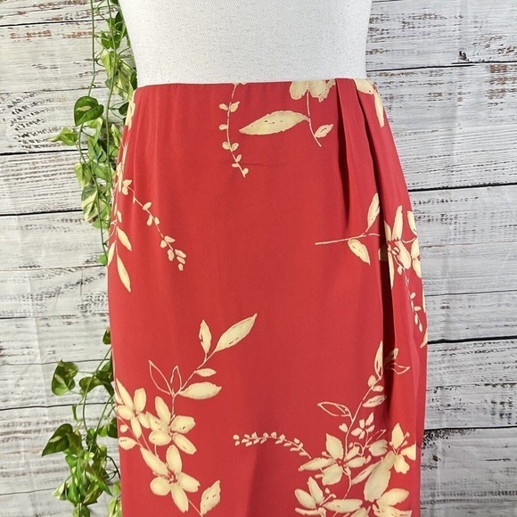 Judith Hart Skirt size 12 Coral Tan Floral Tropical Faux Wrap Pencil Knee Hawaii - Picture 4 of 14